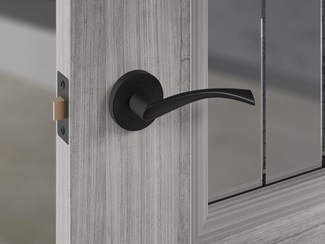 Holdenby Grey Laminate 2'3'' Glazed' Door and Garda Matt Black Handle Cameo