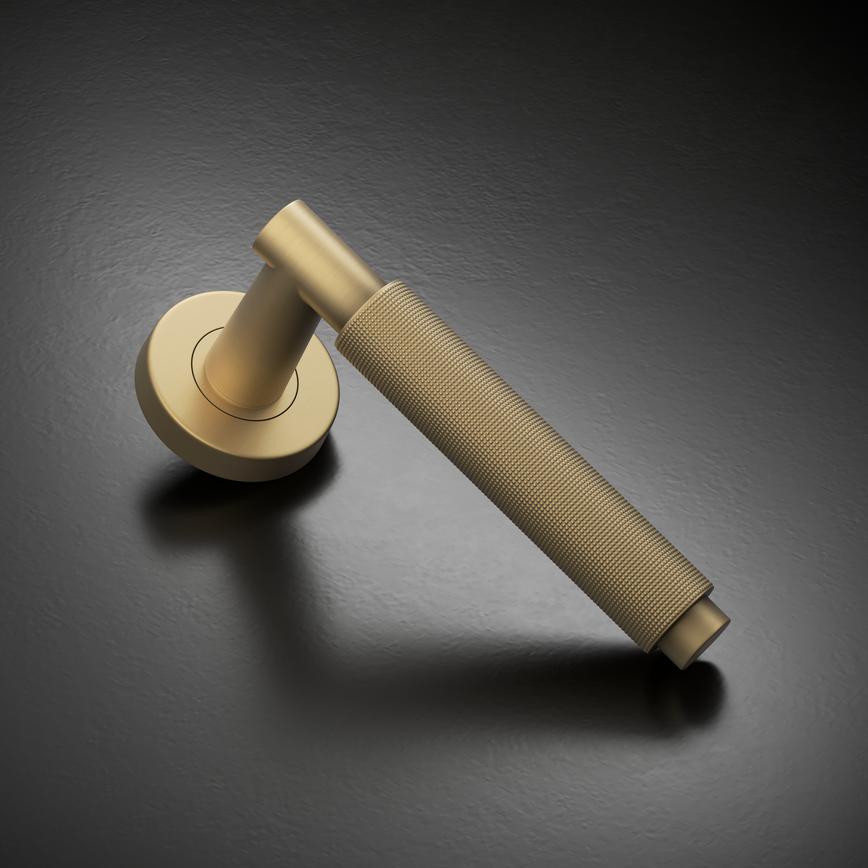 Iseo Satin Brass Knurled Lever on Rose Door Handle Pair