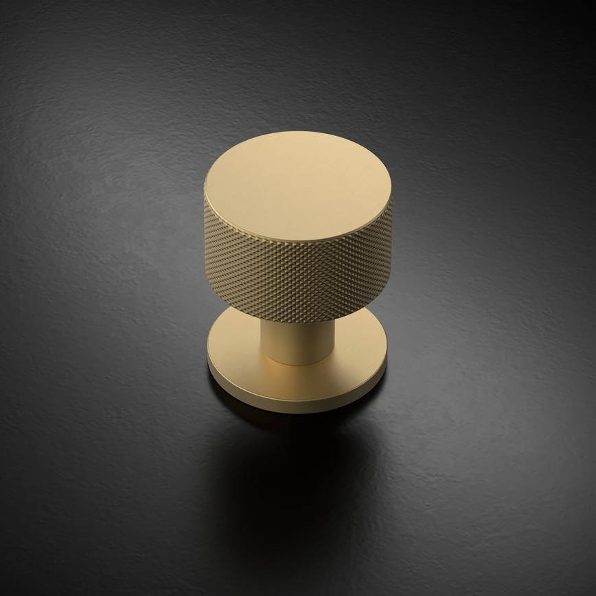 Fuller and Forge Iseo Satin Brass 50mm Knurled Round Mortice Knob on Slim Rose Pair
