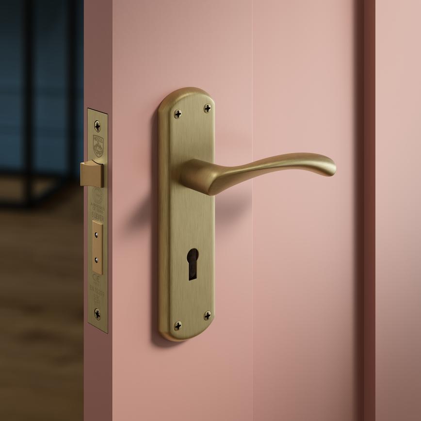 Fuller and Forge Garda Antique Brass Lever on Backplate Lock Door Handle Pair Situational Image