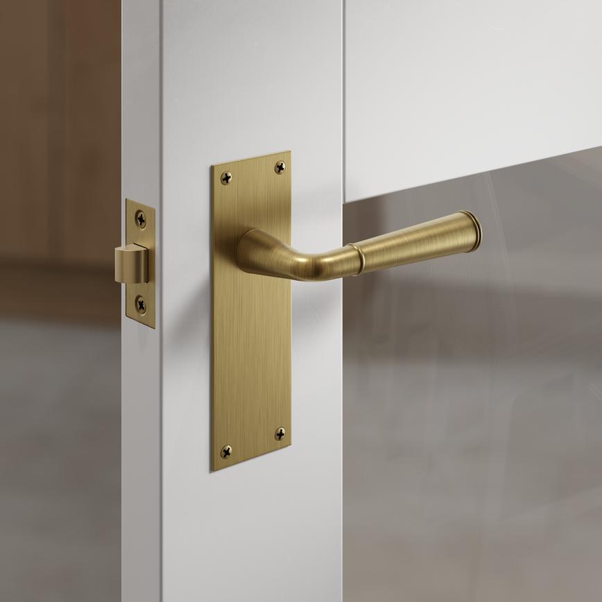 Fuller and Forge Arno Antique Brass Lever on Backplate Latch Door Handle Pair Situational Image