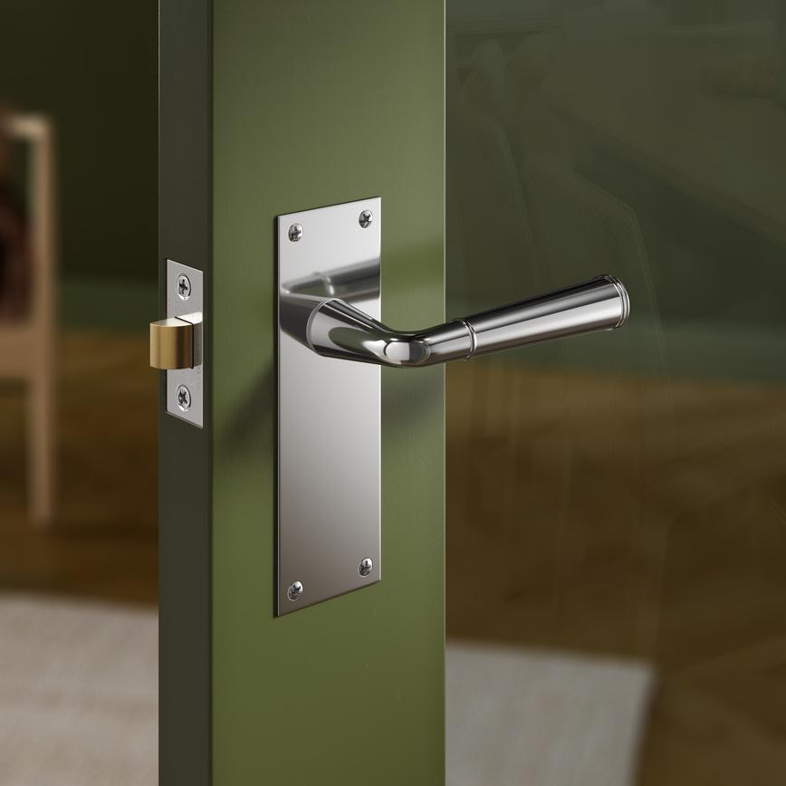 Fuller and Forge Arno Polished Chrome Lever on Backplate Latch Door Handle Pair Situational Image