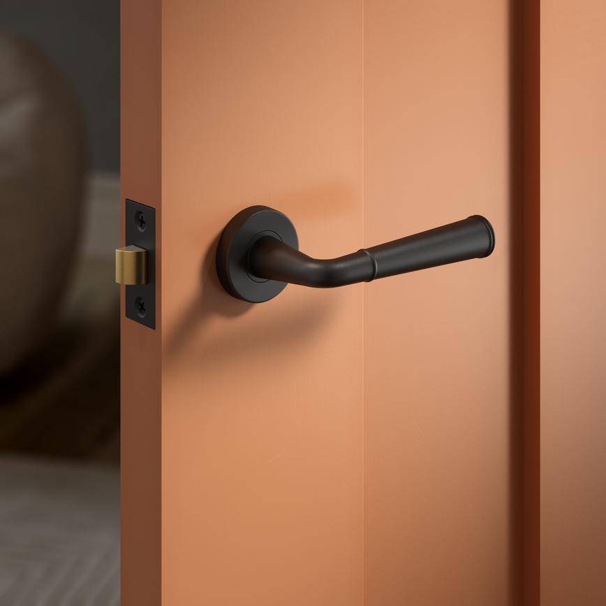 Fuller and Forge Arno Matt Black Lever on Rose Door Handle Pair Situational Image