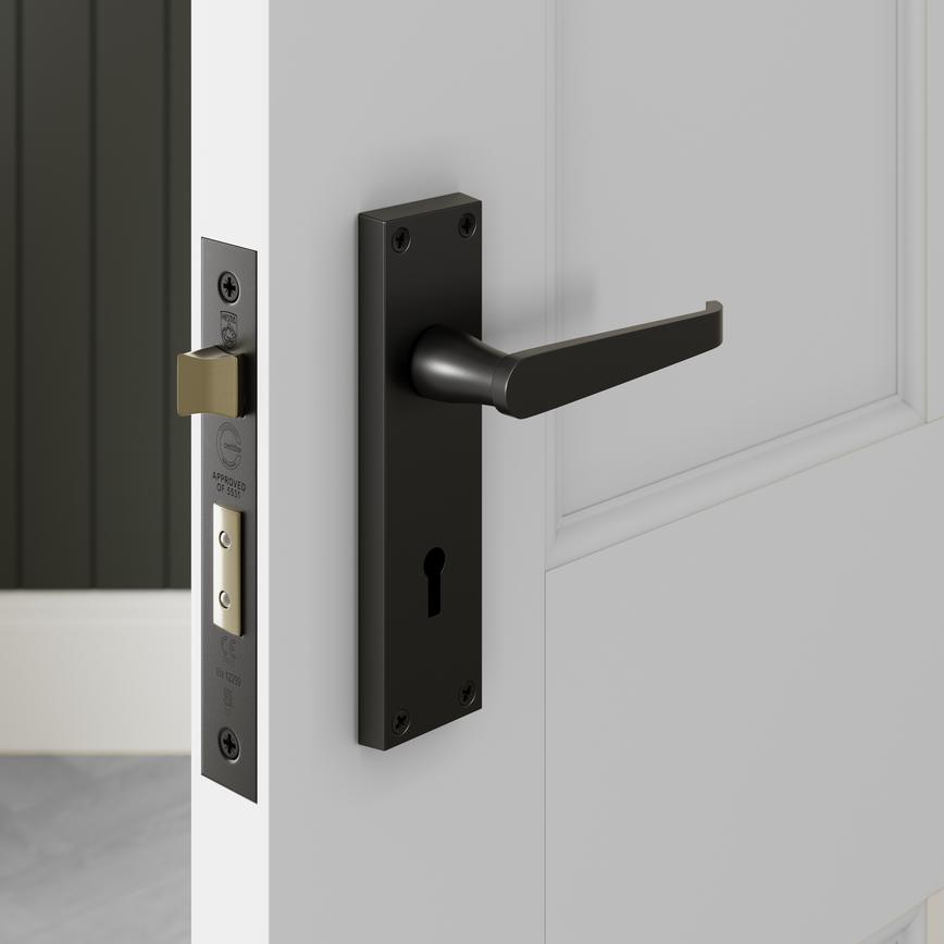 Victorian Matt Black Lever on Backplate Lock Door Handle Pair