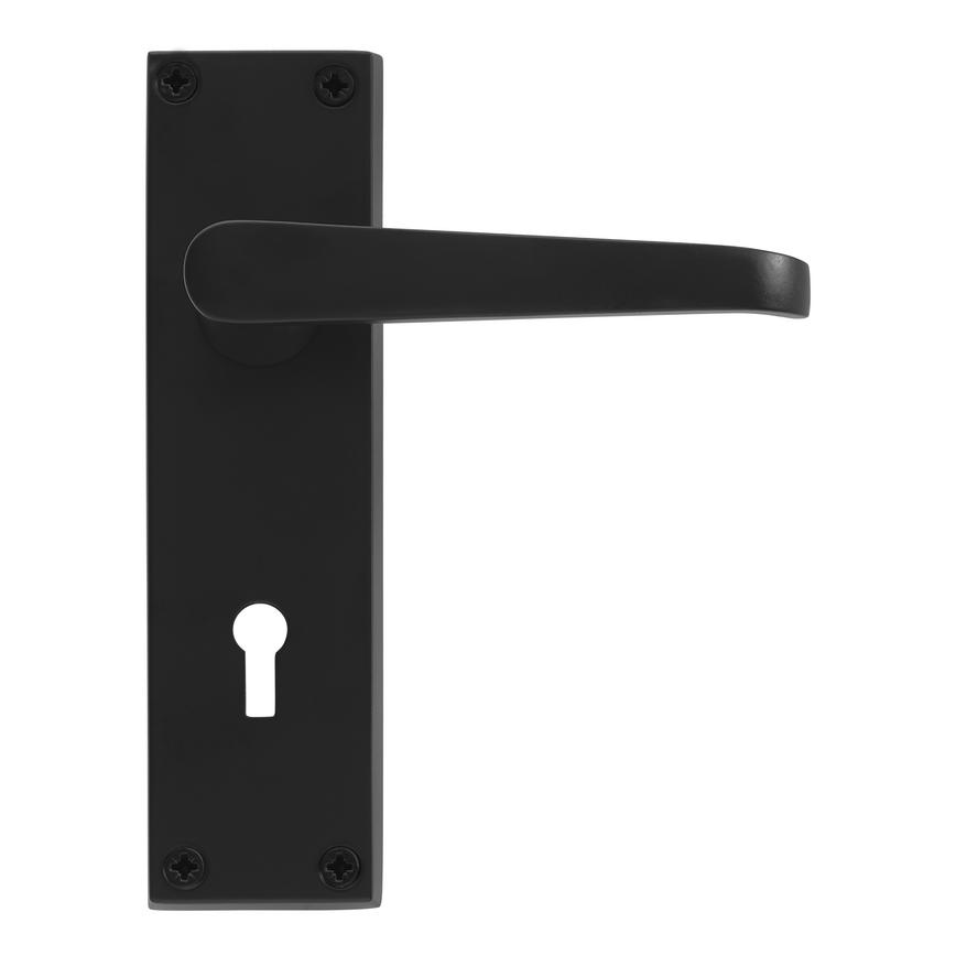 Victorian Matt Black Lever on Backplate Lock Door Handle Pair