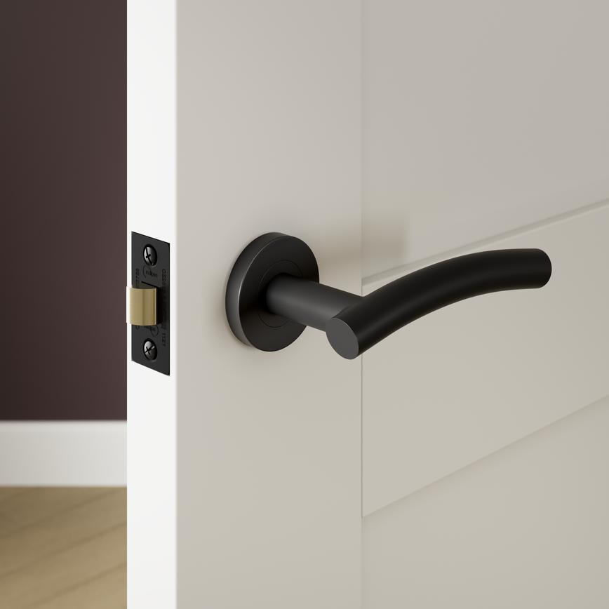 Turin Matt Black Fire Rated Lever on Rose Door Handle Pair