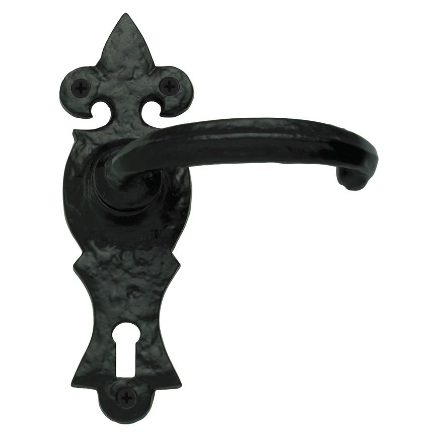 Antique Ornate Lever on Backplate Lock Powder Coated Black Door Handle Pair