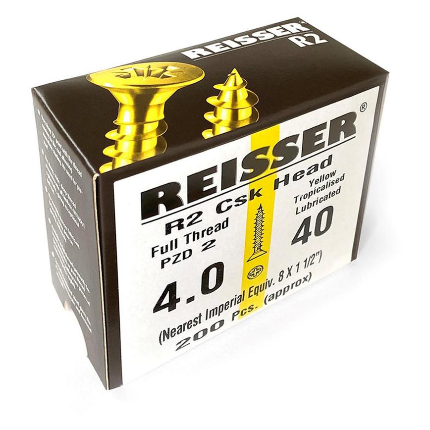 Reisser R2 4mm x 40mm Pozi Countersunk Yellow Passivated Woodscrews Pack of 200