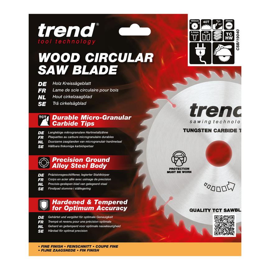 Trend 190mm x 30mm 40T Multi Material Circular Saw Blade  Packaging