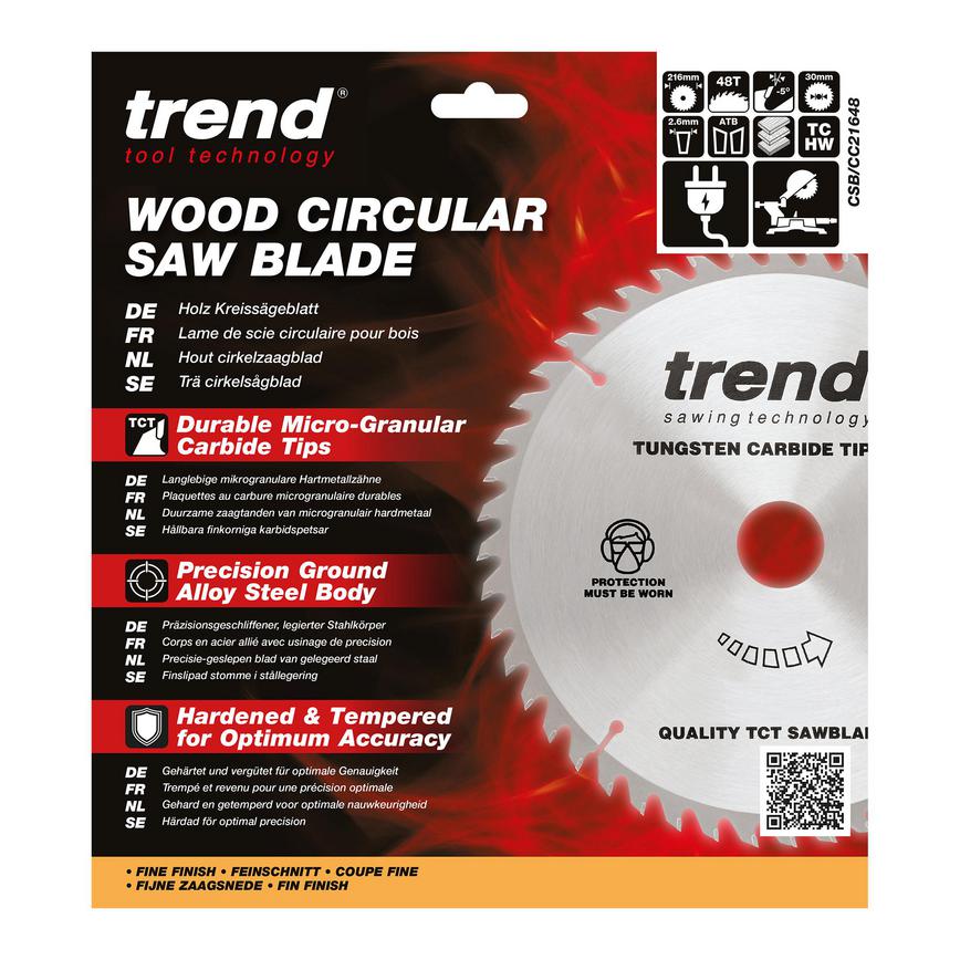 Trend 216mm x 30mm 48T Wood Mitre Saw Blade Packaging
