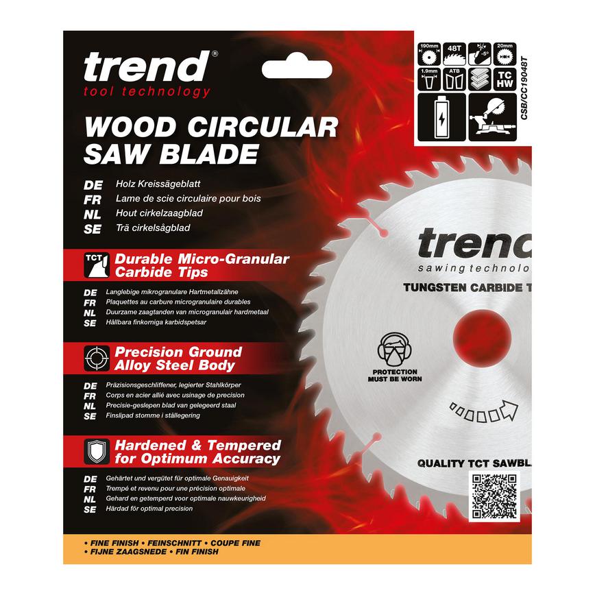 TLS0716 Trend 190mm x 20mm 48T Hardwood Cordless Mitre Saw Blade Packaging