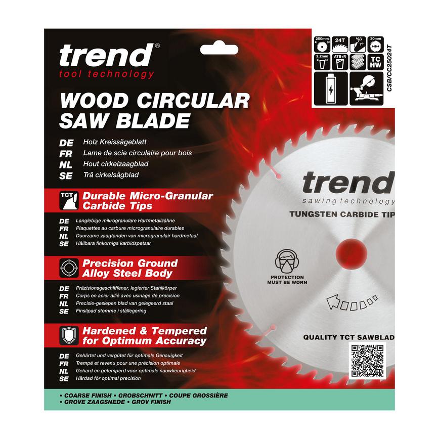 TLS0720 Trend 250mm x 30mm 24T Hardwood Cordless Mitre Saw Blade Packaging