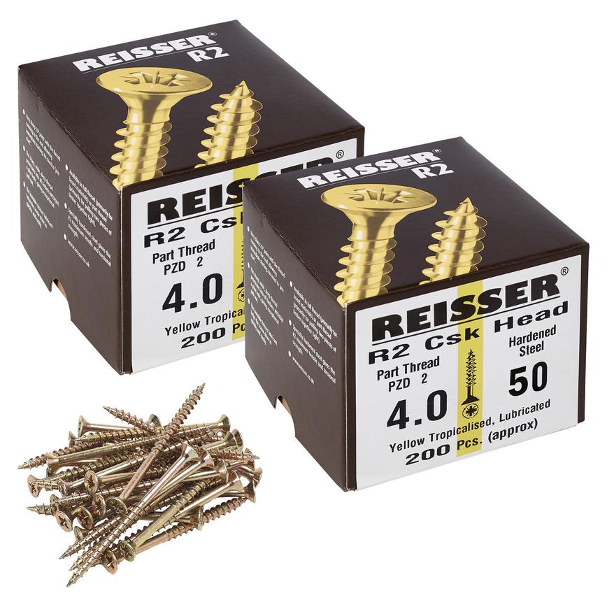 Reisser R2 4mm x 50mm Pozi Countersunk Yellow Passivated Woodscrews Box 200 Pack of 2