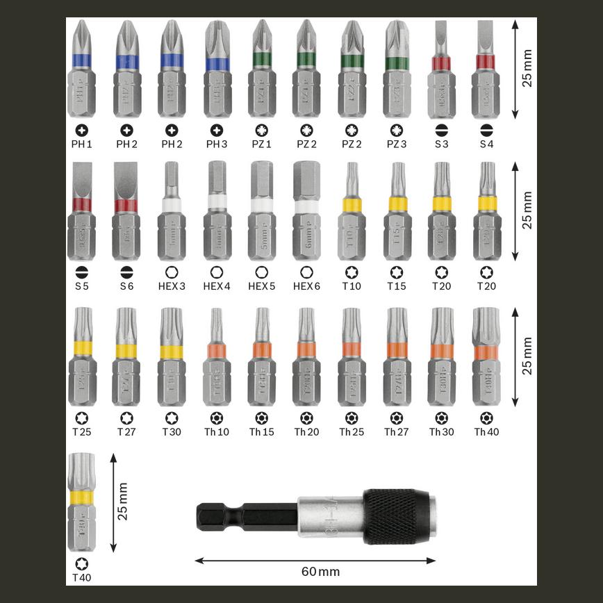 Bosch 32 Piece Screwdriver Set Size Guide