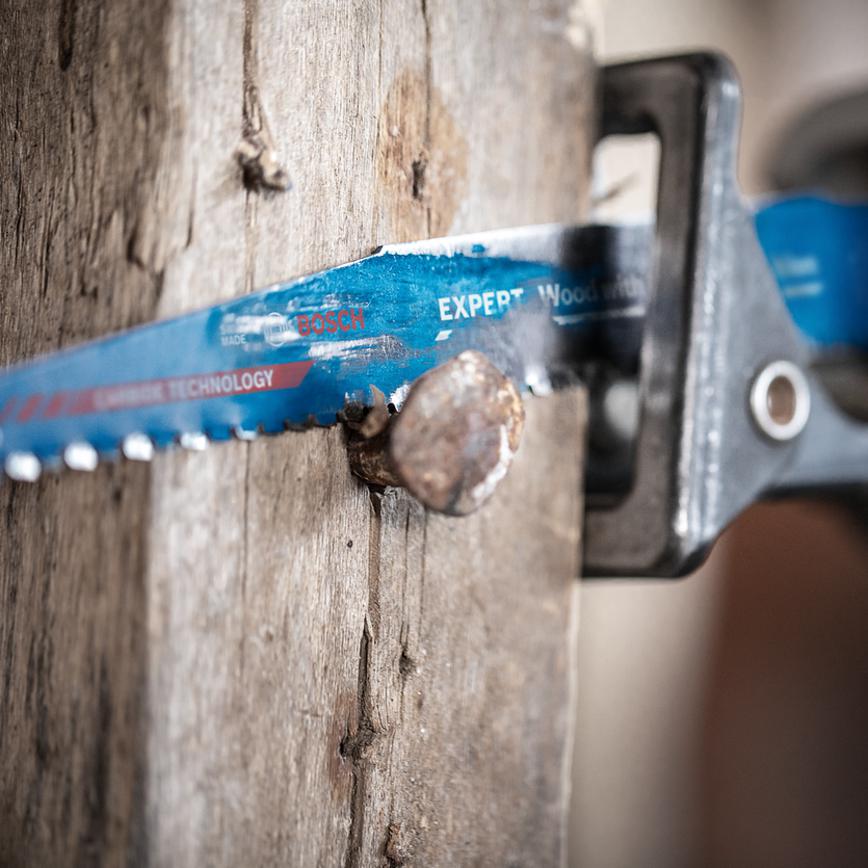 Bosch Reciprocating Saw Blade cutting through a nail