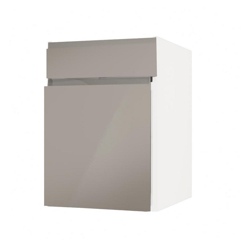 Clerkenwell Gloss Sand Grey 500mm x 557mm Door Front Shown Open at an Angle as Part of a Door and Drawer Unit