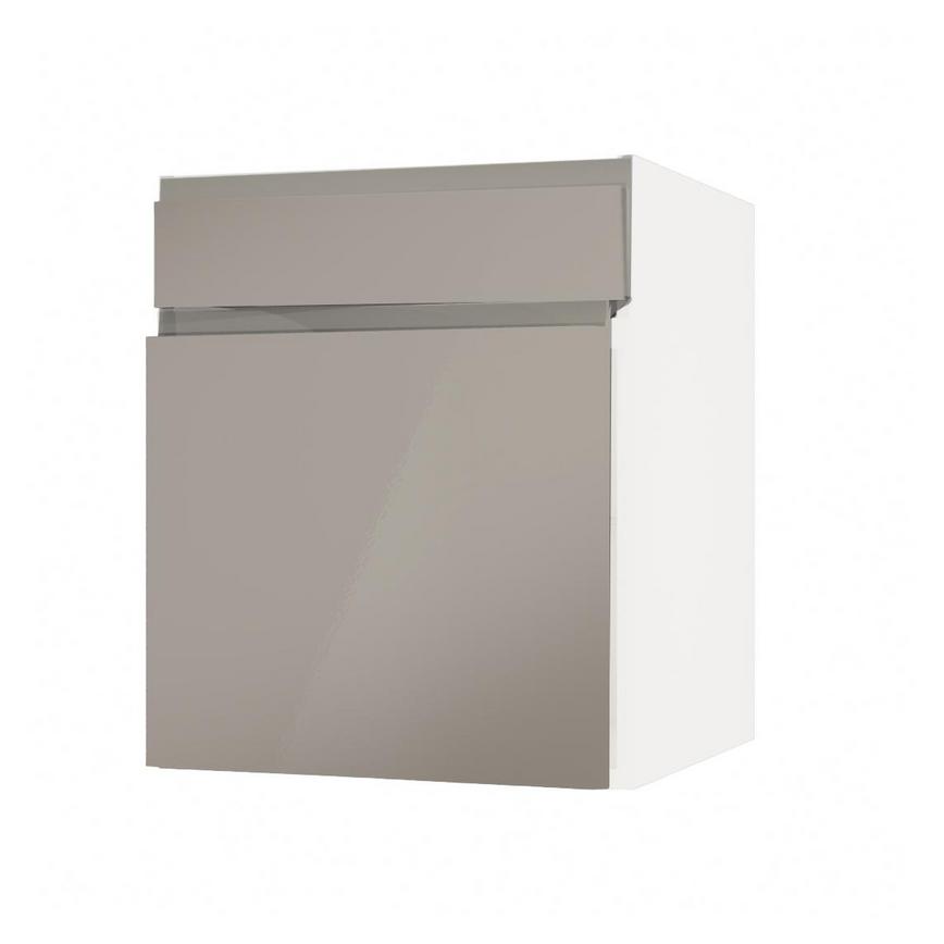 Clerkenwell Gloss Sand Grey 600mm x 557mm Door Front Shown Open at an Angle as Part of a Door and Drawer Unit