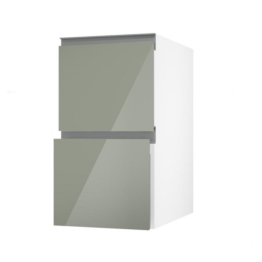 Hockley Mirror Gloss Reed Green 400mm x 342mm Pan Drawer Front Shown with the Drawer Angled Open as Part of a Full Drawer Unit