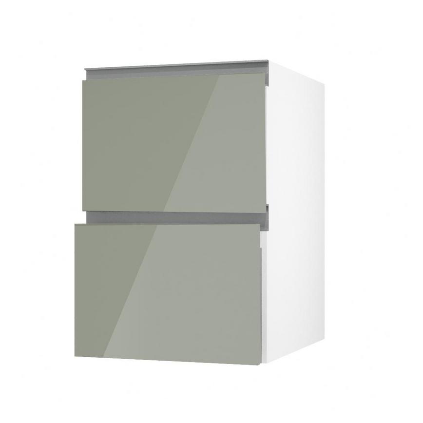 Hockley Mirror Gloss Reed Green 500mm x 342mm Pan Drawer Front Shown with the Drawer Angled Open as Part of a Full Drawer Unit