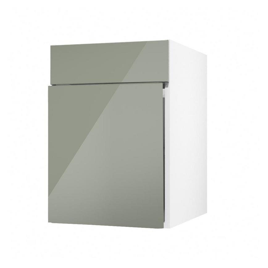Hockley Mirror Gloss Reed Green 500mm x 557mm Door Front Shown Open at an Angle as Part of a Door and Drawer Unit
