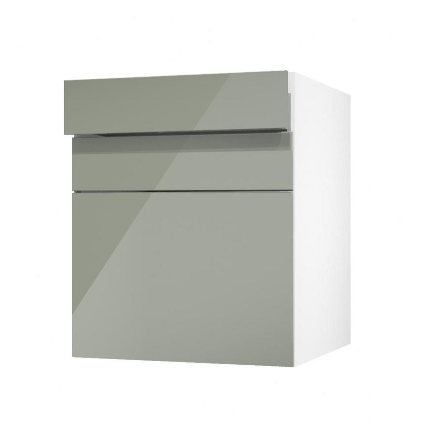 Hockley Mirror Gloss Reed Green 600mm x 394mm Pan Drawer Shown with the Drawer Open at an Angle as Part of a Drawer Unit