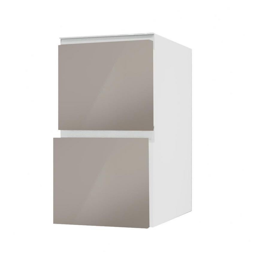 Hockley Mirror Gloss Sand Grey 400mm x 342mm Pan Drawer Front Shown with the Drawer Open at an Angle as Part of a Full Drawer Unit