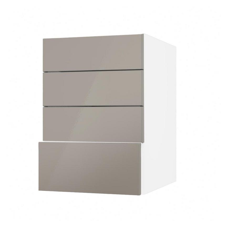 Hockley Mirror Gloss Sand Grey 500mm x 227mm Drawer Front Shown with the Drawer Open at an Angle as Part of a Full Drawer Unit