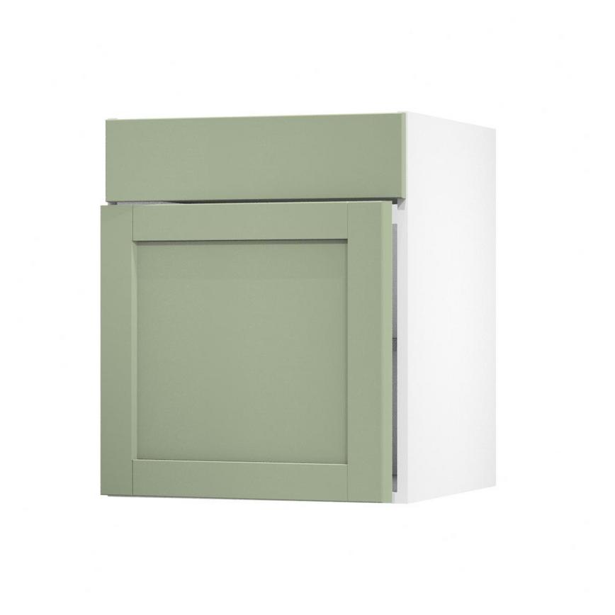 Witney Reed Green 600mm x 557mm Door Front Shown Open at an Angle as Part of a Door and Drawer Unit