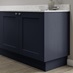 Grained navy 18mm MDF continuous plinth 3m fitted with base cabinet and white worktop