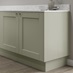 Grained sage green 18mm MDF continuous plinth 3m fitted with base cabinet and white worktop