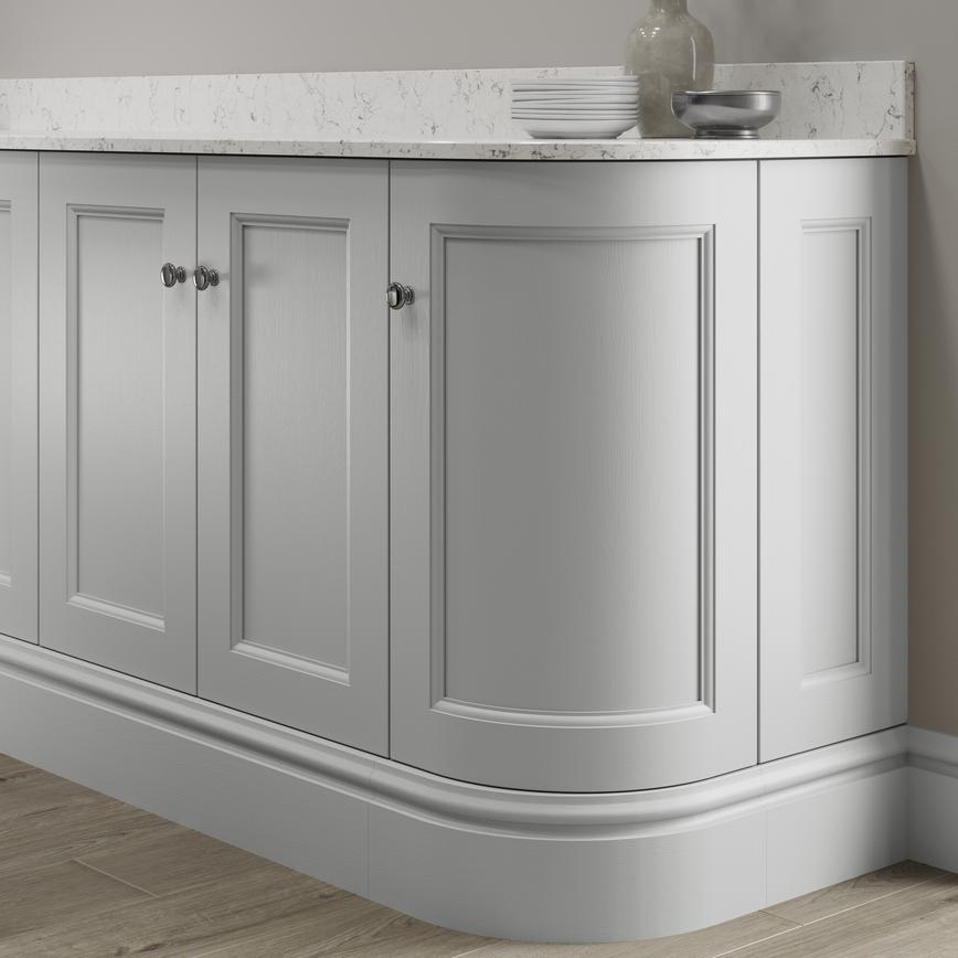 Elmbridge dove grey decorative plinth fitted with base cabinet and white worktop