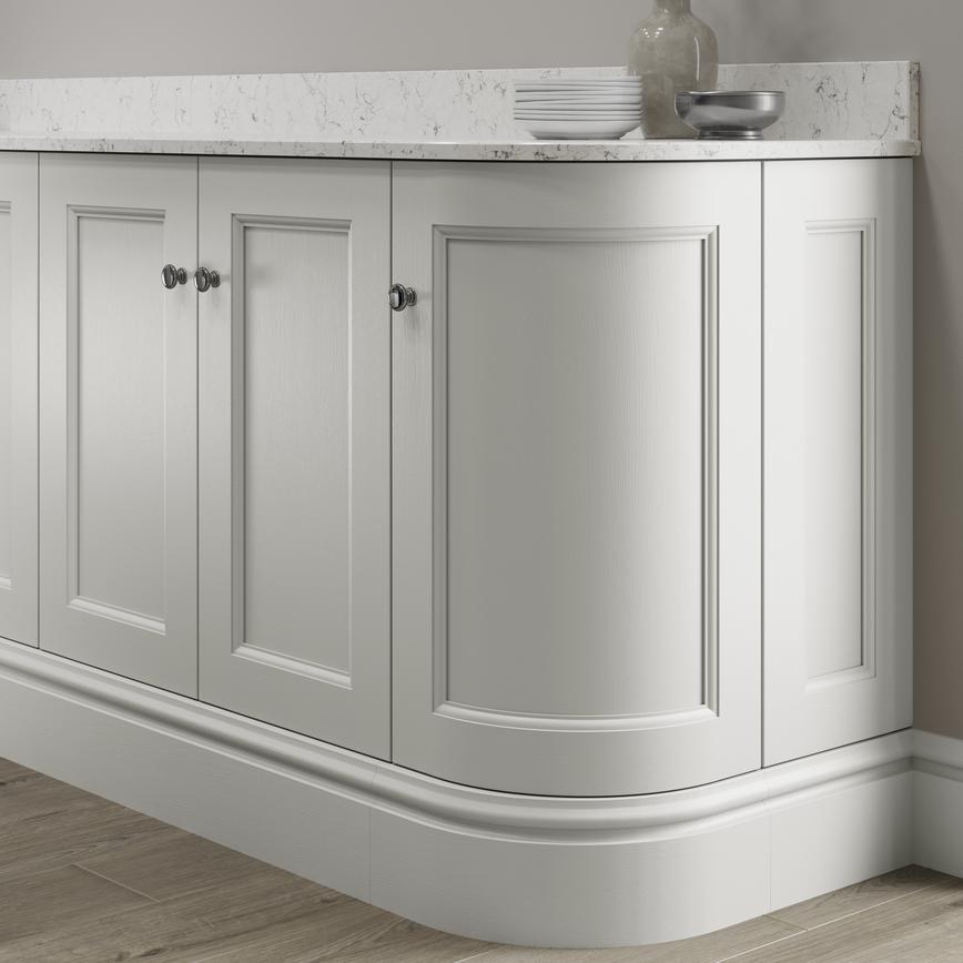 Elmbridge porcelain decorative plinth 3m fitted with base cabinet and white worktop