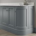 Elmbridge dusk blue decorative curved plinth fitted with base cabinet and white worktop