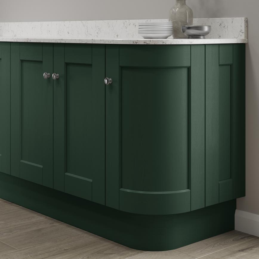 Chelford fir green curved base end MDF plinth fitted with base cabinet and white worktop