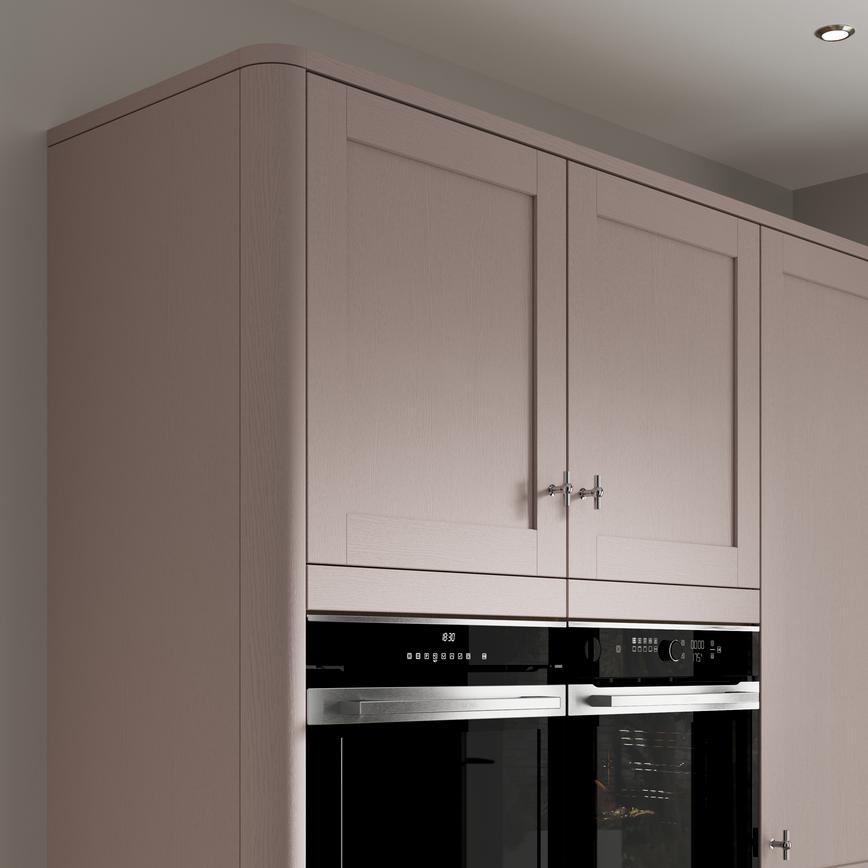 Grained Antique Rose 18mm Tower Decor End shown with Cabinets and Ovens