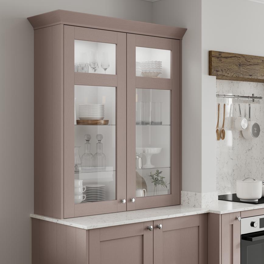 Grained Antique Rose Tongue and Groove 1182mm Tall Wall Decor End Shown in Glass Dresser Cabinet