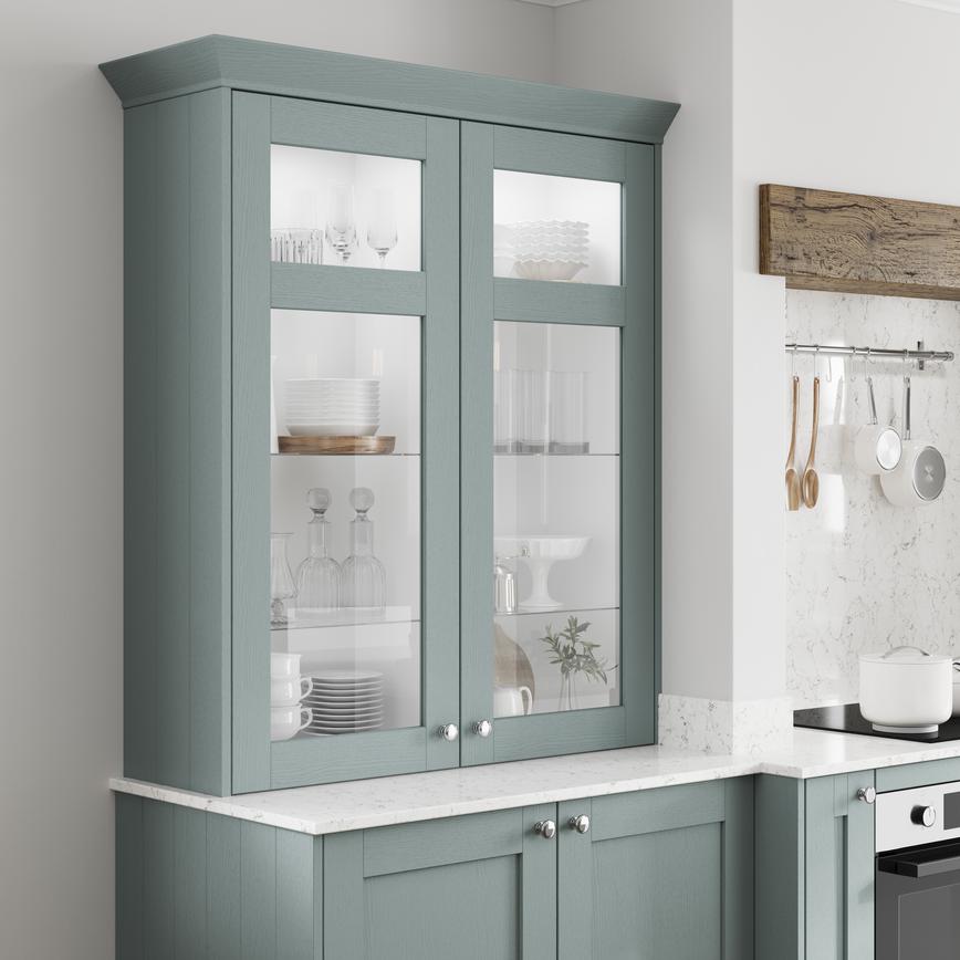 Grained Seafoam Tongue and Groove 1182mm Tall Wall Decor End Shown in Glass Dresser Cabinet