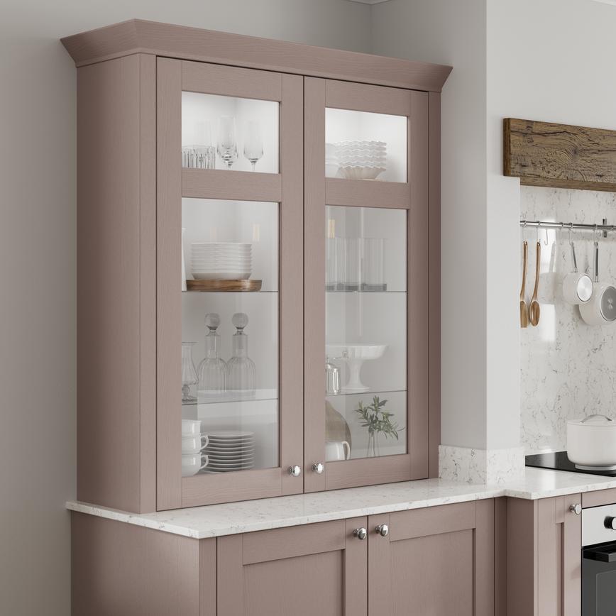 Grained Antique Rose 50mm Thick Decor End Post Shown with Glass Dresser Cabinet