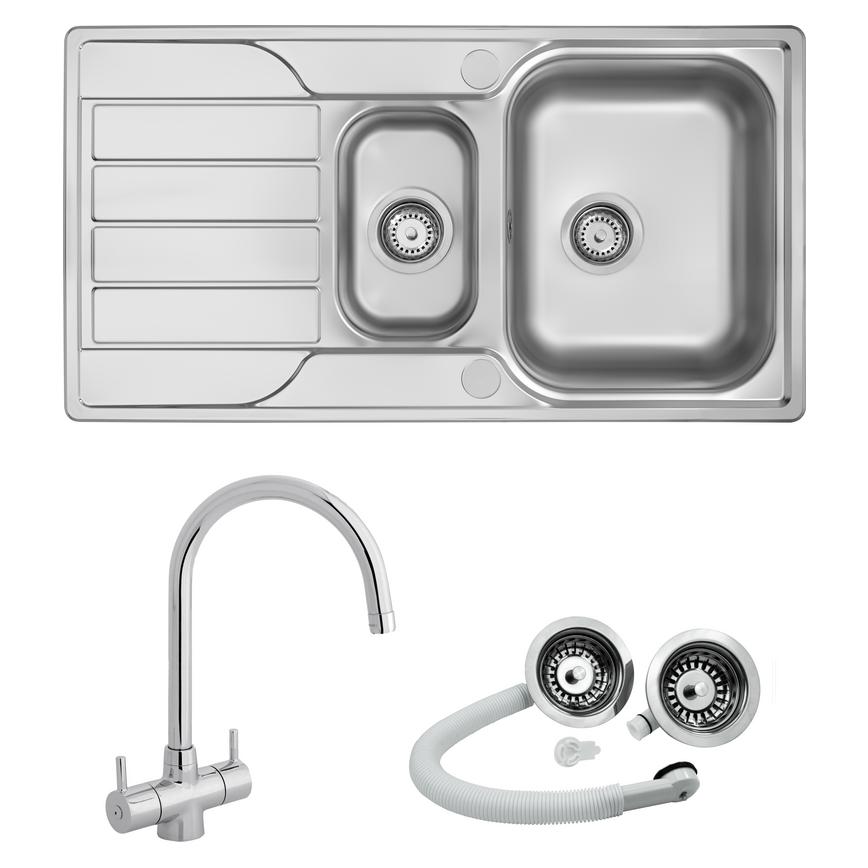 Rumworth 1.5 Bowl Reversible Inset Stainless Steel Sink and Rienza Chrome Swan Neck Mixer Tap With Premium Strainer Waste Kit