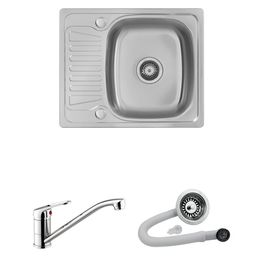 Abberton Square Single Bowl  Reversible Inset Stainless Steel Sink and Arno Chrome Long Arm Mixer Tap With Strainer Waste Kit