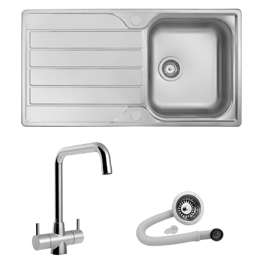 Rumworth Single Bowl Reversible Inset Stainless Steel Sink and Rienza Chrome Right Angled Mixer Tap With Strainer Waste Kit