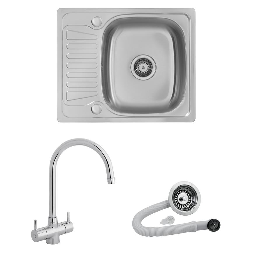 Abberton Square Single Bowl  Reversible Inset Stainless Steel Sink and Rienza Chrome Swan Neck Mixer Tap With Strainer Waste Kit