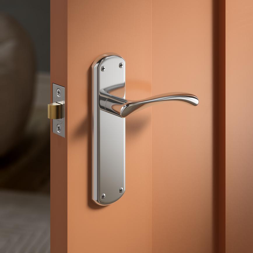 Fuller and Forge Garda Polished Chrome Lever on Backplate Latch Door Handle Pair Situational Image