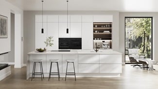 A white, modern kitchen from the Winterton collection. It has an island layout, gloss finish, and matching white worktop.