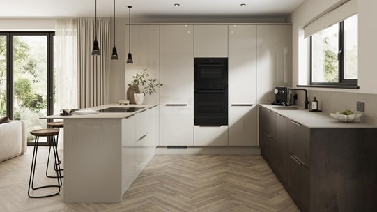 A sandstone kitchen from the Winterton gloss collection. It has a u-shaped layout and is mix-and-matched with dark stone cabinets.