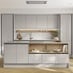 A gloss, dove grey kitchen with handleless cabinets and black trim. It is in an island layout with oak herringbone flooring