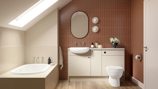 A white bathroom in a porcelain colour with slab door fronts in a vanity unit. There is also oak effect flooring throughout