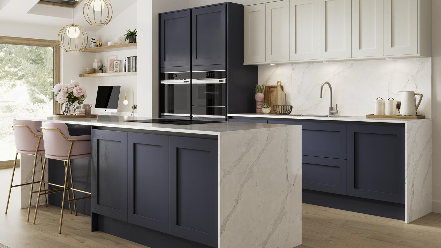 Handleless two-tone shaker kitchen with white and navy doors. Includes white marble worktops and a single-lever chrome tap