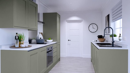 Chilcomb Reed Green Handleless Galley Kitchen
