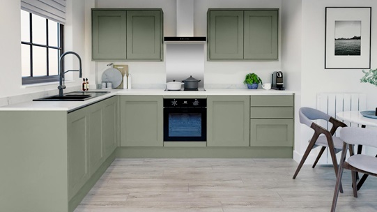 Chilcomb Reed Green Handleless L Shape Kitchen